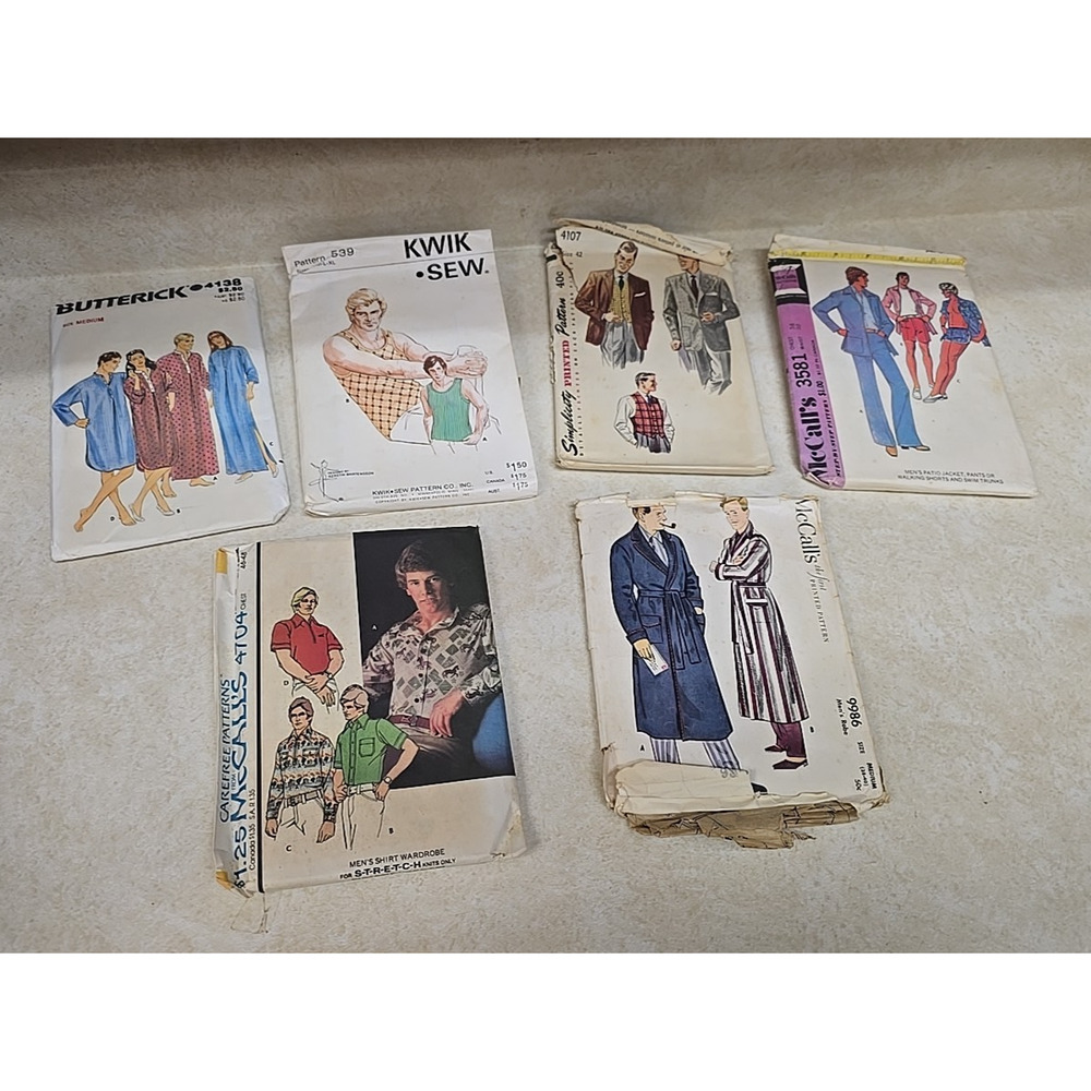 Lot of 6 Vtg Simplicity‎ McCall's Coat Shirt Pants Robe Men's Sewing Patterns